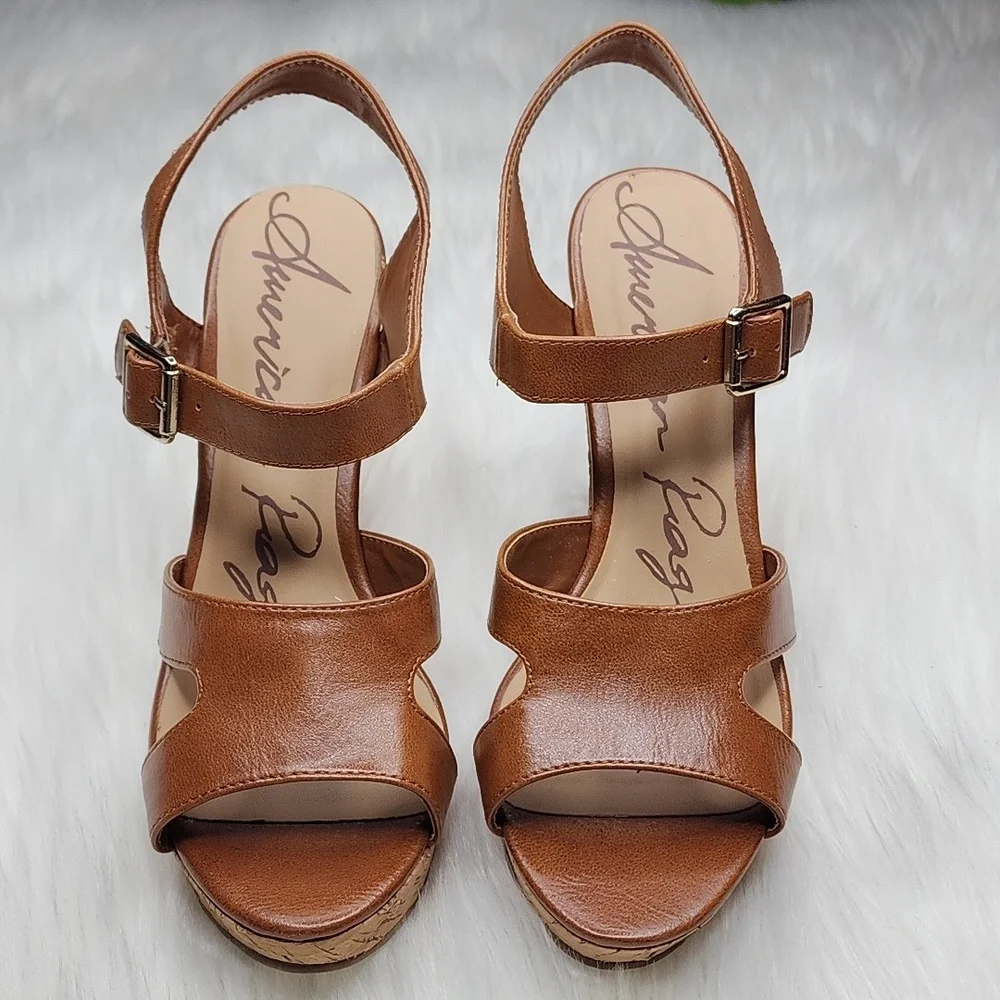 American Rag Rochelle Platform Wedge Sandals Cognac Smooth Cork